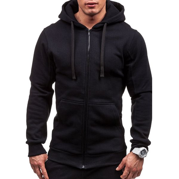 

plus size men's hoodies tracksuit casual drawstring front pockets long sleeve sweatshirt male zipper slim solid color coat kg-14, Black