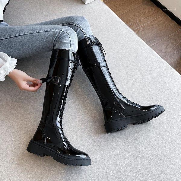 

boots black knee high platform women shoes patent leather long winter plush chunky motorcycle punk shoes1