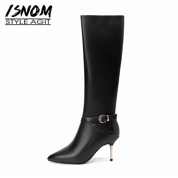 

isnom 2020 new thin high heels knee boots women pointed toe real leather shoes stiletto warm autumn winter boot big size 451, Black