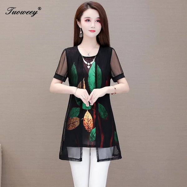 

women's blouses & shirts women summer short sleeve hollow out gauze chiffon vestidos elegant pleated mujer floral robe, White