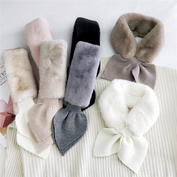 

scarves faux fur collar neck warmer women scarf winter long skinny peach heart cross knitting wool plush solid color warm, Blue;gray