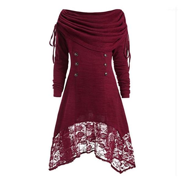 

women vestidos party dress lace plus size solid color long-sleeved button a-line hem irregular gift dropship1, Black;gray