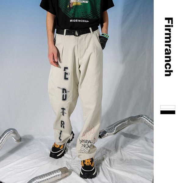 

men's jeans firmranch spring/summer men/women letters print design sense casual pants loose hip hop streetwear long couples trousers, Blue