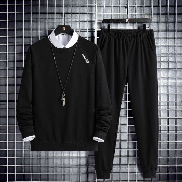 

sportswear spring autumn 2020 new round neck sweater trend korean version slim men's casual two piece set, Gray