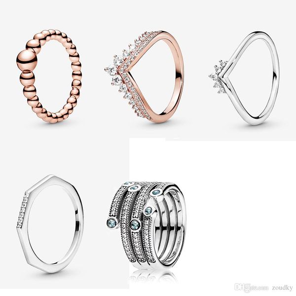

2019 new 100% 925 sterling silver rose gold princess wishbone princess string of beads inlaid blue rings original jewelry gift, Golden;silver