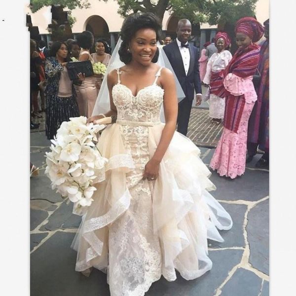

african champagne lace wedding dresses with detachable overskirt puffy ruffles train spaghetti straps tulle long bridal wedding gown, White