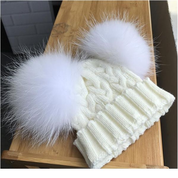 

cute real fur pompom hat for children winter knit beanies cap with real raccoon fur ball baby removable fur pom qylbbd, White