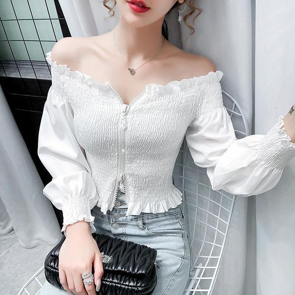 

girls sweet ruffles slash neck full lantern sleeve cropped blouses women's solid front zipper ruffled blouse crop female, White