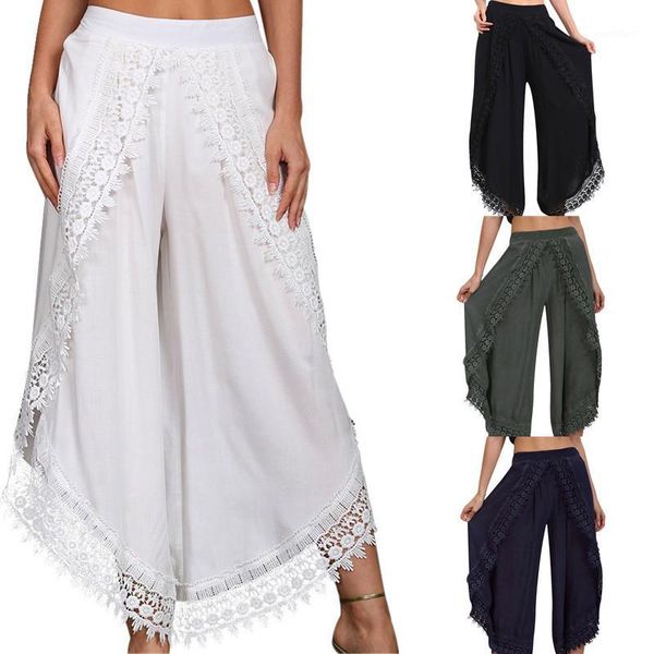 

summer autumn women white pants fashion irregular lace stitching high waist wide-leg pants woman black casual streetwear1, Black;white