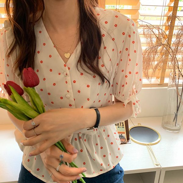 

2021 New 3 color femme womens harvest tops summer Korean floral style printing short sleeve shirt women chiffon blouses (x1365) 903J, White