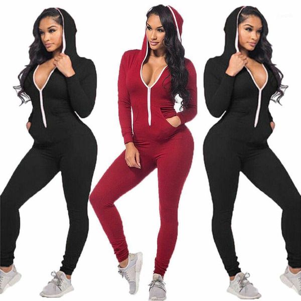 

2019 womens sports zipper hooded v neck sweatshirt long sleeve bodycon jumpsuit long trousers playsuit women jumpsuits1, Black;white