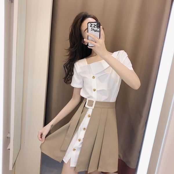 

2021 new solid color mode irregular white suits shirt and belt fitted with mini female skirt casual summer plus size set of two pieces hbv4, Gray