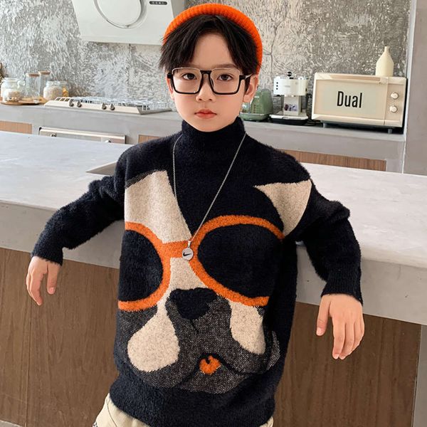 

boys' thickened mink fce pullover korean turtleneck middle school children's winter fashion sweater, Blue
