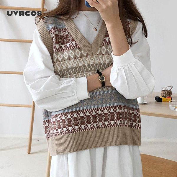 

uvrcos vintage sweater vest women v neck sleeveless loose sweaters fashion casual tank pullover spring autumn women's vest, Black;white
