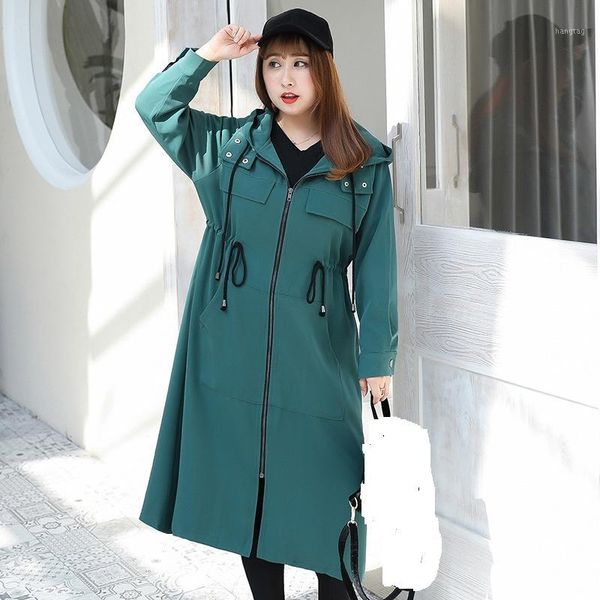 

women trench coats hooded outwear plus size elastic waist spring full sleeve lady trench coat long adjust waist outwears 4xl1, Tan;black
