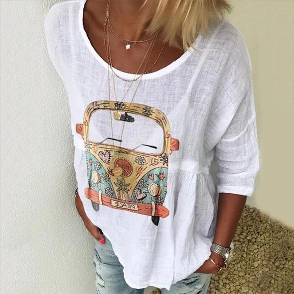 

cartoon car print womens blouse casual o neck long sleeve womens and blouses summer plus size loose tunic thin shirt 5xl, White