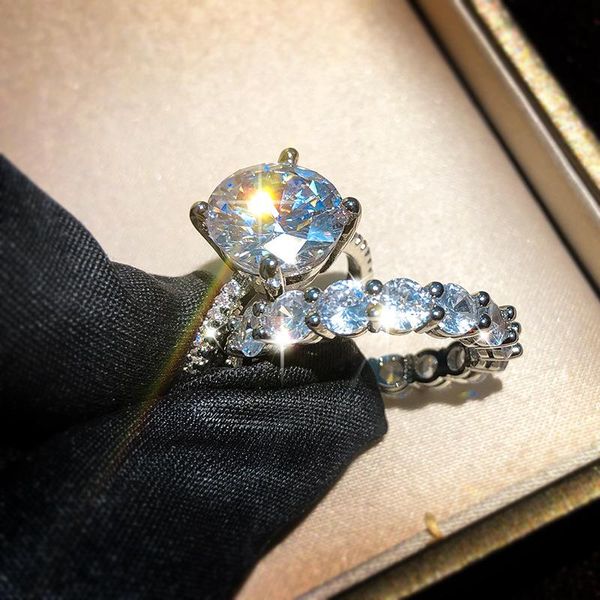 

cluster rings 2pcs luxury female bling zircon round engagement set real 925 sterling silver stackable wedding bridal for women, Golden;silver