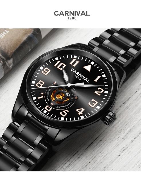 

wristwatches carnival men automatic watch hollow mechanical business luxury gift full steel thin case, Slivery;brown
