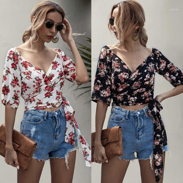

korean print chiffon shirt lady blouse 2020 v-neck elegant flowers cross lacing woemn blouse and shirts1, White