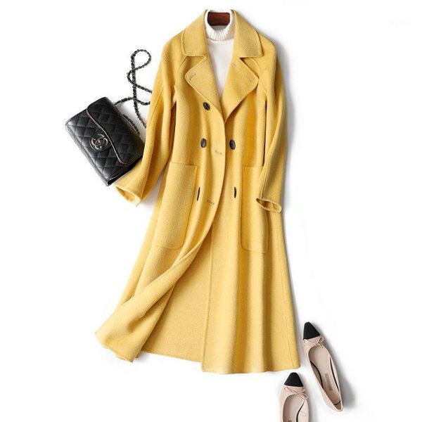 

autumn 100% wool coat alpaca warm winter coat women yellow long wool office lady slim female overcoat1, Black