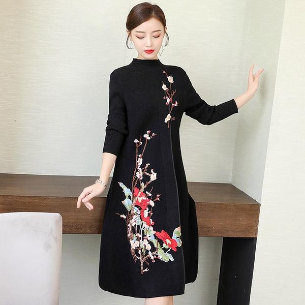 

ethnic clothing 2021 winter modern chinese cheongsam qipao women knit dress autumns floral embroidery long sleeve elegant dresses ta2093, Red