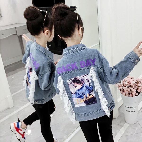

girls denim jacket with collar fashion jeans jacket with raw-edge hem children teenager girls spring clothes1, Blue;gray