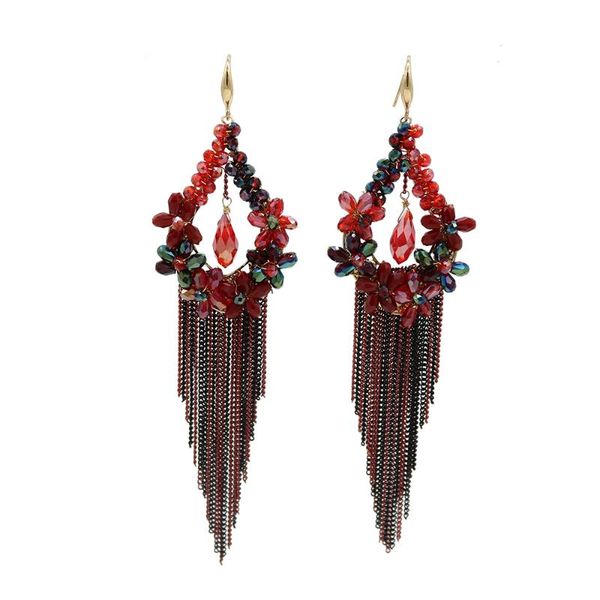 

delicate handmade red blue crystal beaded boho metal chain drop long tassel earrings women girls fashion luxury bohemian jewelry, Silver