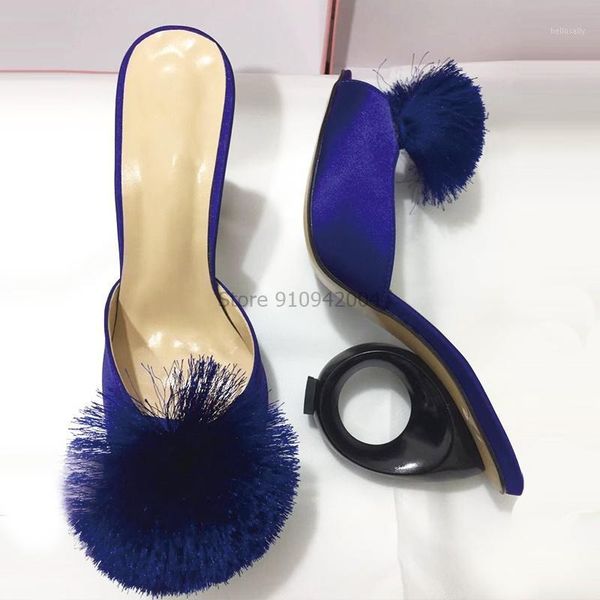 

luxury satin sandal runway mules lady round strange high heels pompoms open toe blue outside summer sandals women slide1, Black