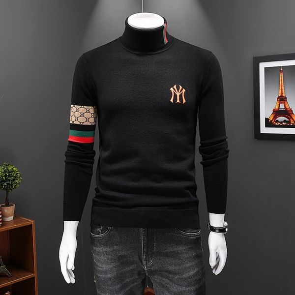 

men's embroidered turtleneck sweater, warm casual clothing brand, fashion digner, high-end luxury, autumn and winter, 2021, White;black