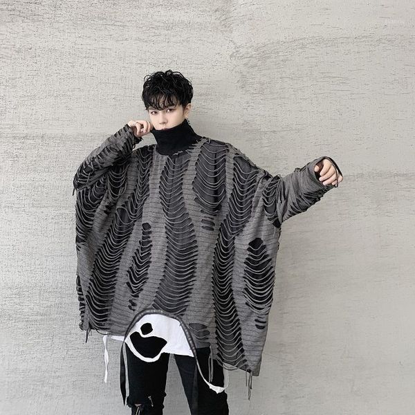 

men oversize double layers turtleneck hole loose pullover hoodie male women streetwear gothic hip hop sweatshirt stage clothing1, Black