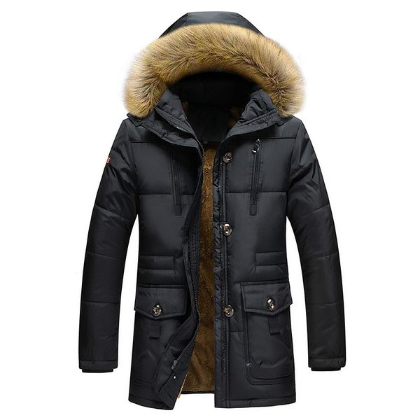 

men jacket winter new style plus velvet thick warm cotton coat with removable fur collar mid-length hooded mens jacket, Black
