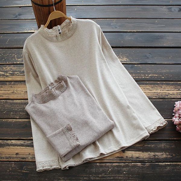 

women's t-shirt lamtrip lace patchwork stand collar cotton women loose long sleeve autumn basic tee, White