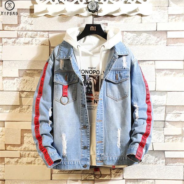 

men's denim jackets fashion anorak jackets mens hip hop streetwear hole denim coats male harajuku ripped zipper sleeve1, Black;brown