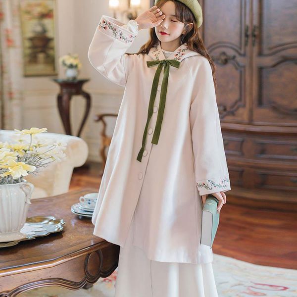 

women's wool & blends 2021 winter woman jackets japanese mori girl vintage embroidery plus velvet cloak woolen coat soft sister retro j, Black