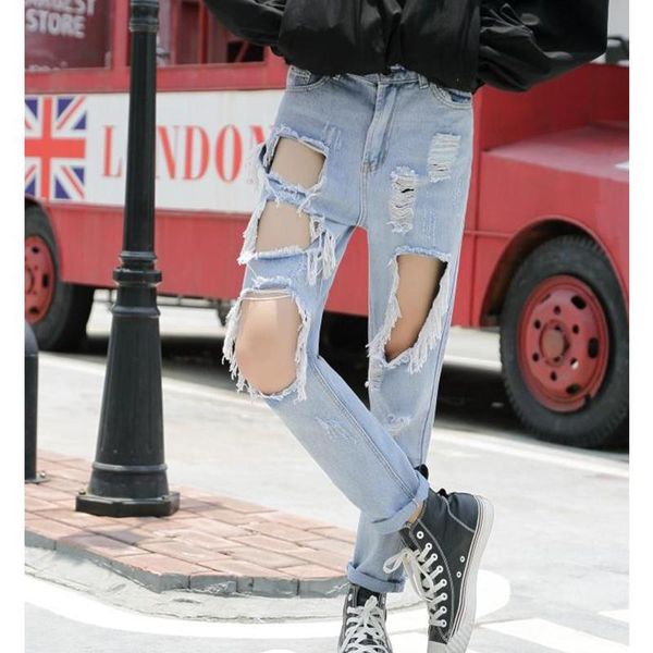 

men's jeans big hole pants style casual hip hop broken knee size beggar trend, Blue