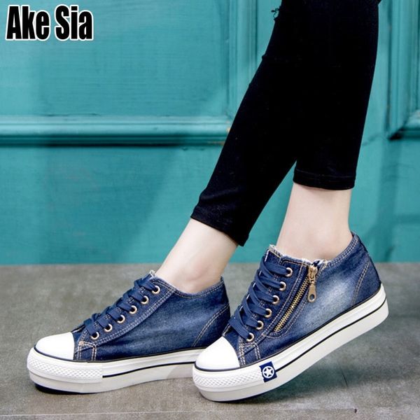 

ake sia classic women girl fashion casual vintage washed denim canvas flat platform thicken soled lace-up plimsolls shoes a155 y200108, Black