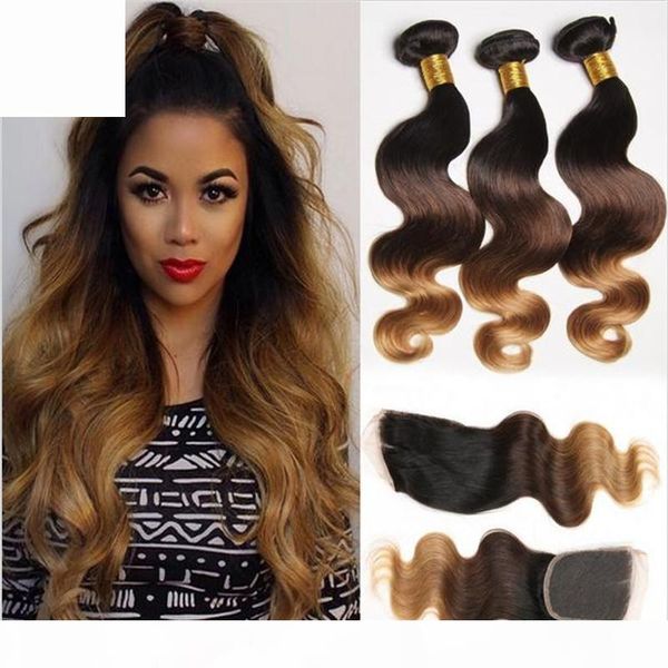 

virgin malaysian ombre body wave hair with closure 1b 4 27 honey blonde malaysian ombre human hair 3bundles with lace closure 4pcs lot, Black