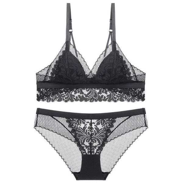 

2021 new honvie ladies ultra-thin triangle cup bra set embroidered openwork lace women's rimless underwear (4, Red;black