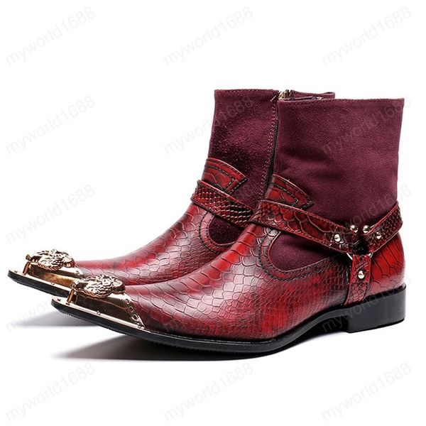 

alligator man metal pointed toe cow suede high-shoes genuine leather punk men's handmade ankle boots, Black
