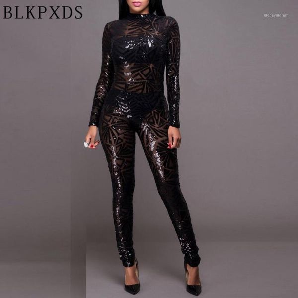 

wholesale- new summer style black turtleneck long sleeve sequin sequined women jumpsuit bodysuit jumpsuits for women clubwear rompers1, Black;white