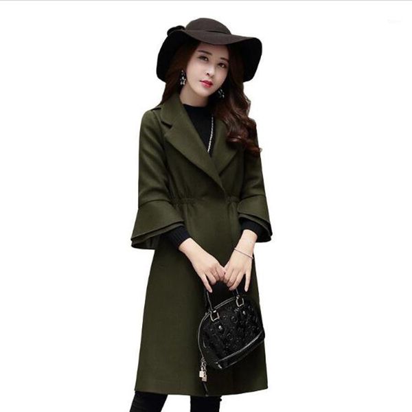 

2020 autumn winter new fashion wool coat long section slim coat women lapel speaker sleeves solid color wool 71, Tan;black