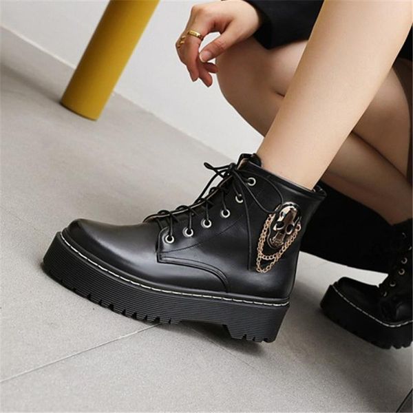 

pxelena cool street metal chain skull punk goth platform ankle boots women 2020 winter lace up motorcycle combat boots, Black