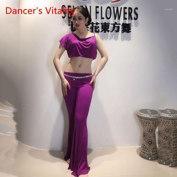 

two piece modal suit bellydance outfit modal oriental dance practice show skirt purple short sleeve set1, Black;red