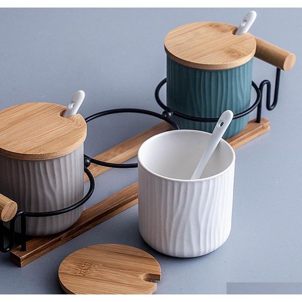 

sugar bowl, ceramic spice jar connt pots with bamboo lid and ceramic spoon jllmdg homeindustry