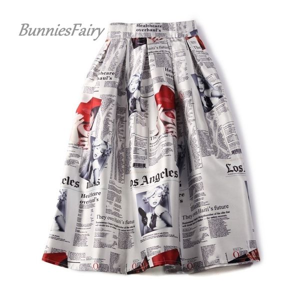 

bunniesfairy spring 50s 60s vintage retro lady newspaper print high waist pleated flare midi skirt saia longa plissada y200326, Black