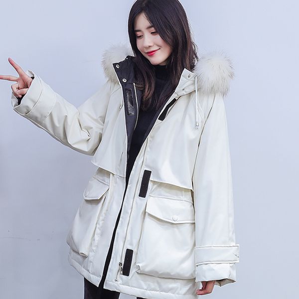 

new autumn fur collar loose cotton coat big pocket long medium thick female parkas outerwear nps8, Black