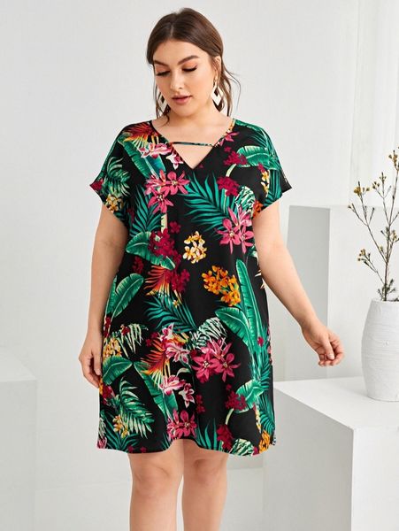 

plus floral & tropical print cut out tunic dress r3xu#, Black