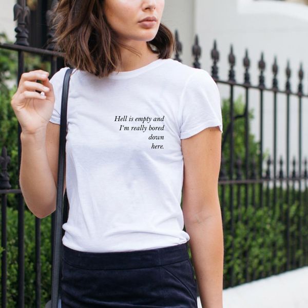 

hell is empty and i' really bored down here t-shirt letter graphic tees girls cute short sleeve tumblr aesthetic grunge tshirts, White