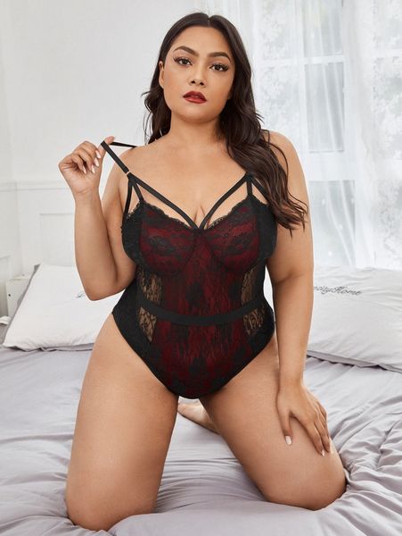 

plus contrast lace mesh harness teddy bodysuit p5rn#, Black;white