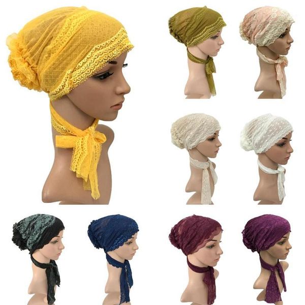 

women lace flower hat cancer chemo muslim hijab turban cap hair loss cap head wrap inner long tail bonnet arab beanies new1, Red
